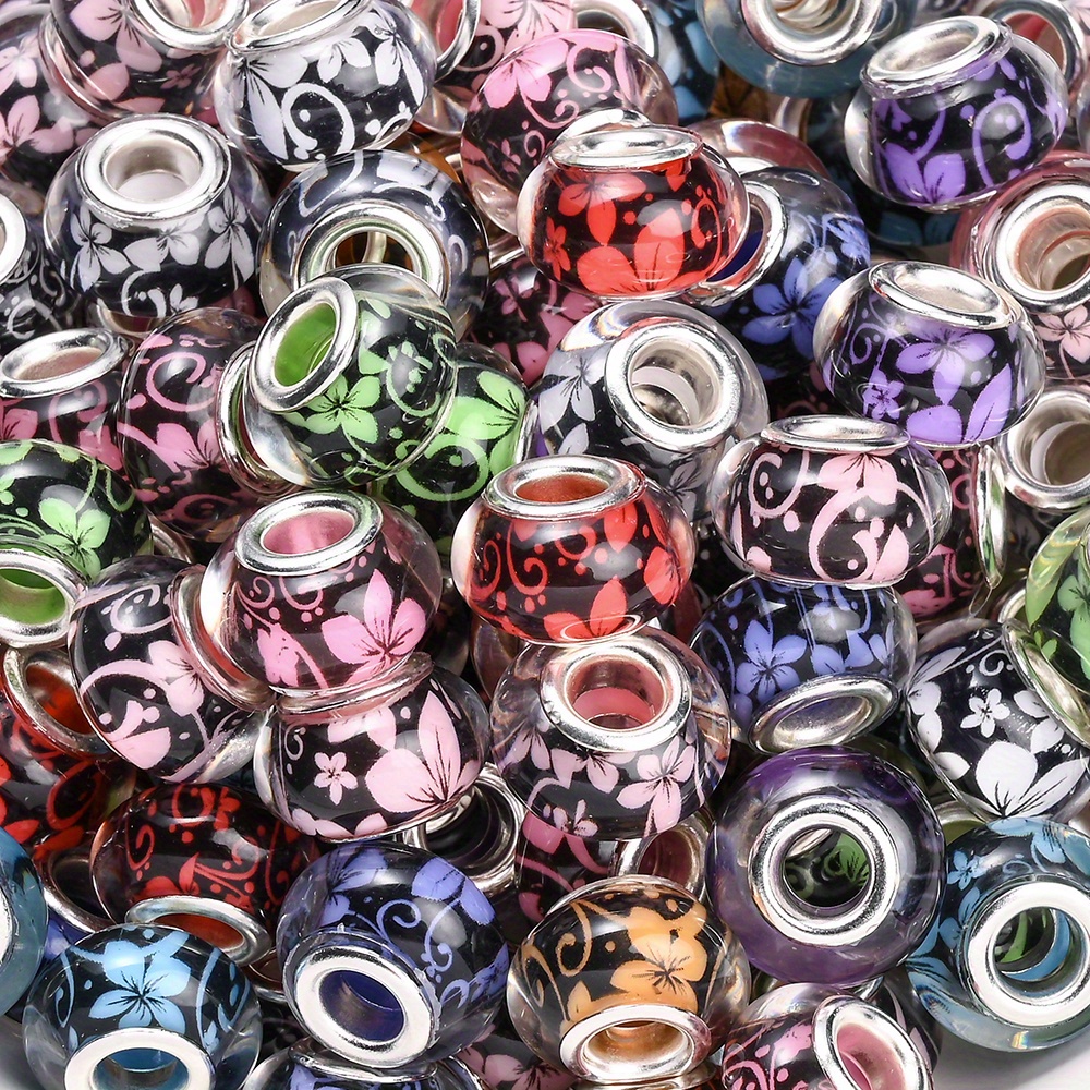 9x14mm Floral Print Acrylic Beads Clear Big Hole Assortment for Jewelry Making